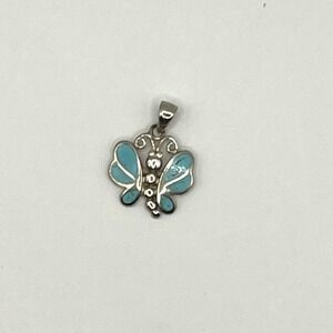 925 Sterling‎ Silver Vintage Real Turquoise Butterfly Pendant